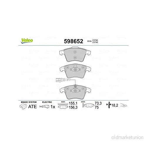 VALEO 598652 Jeu de plaquettes frein Essieu avant contact signal d'usure inclus avec tôle anti bruit VOLKSWAGEN: Touareg I, Transporter 5 3276425986527